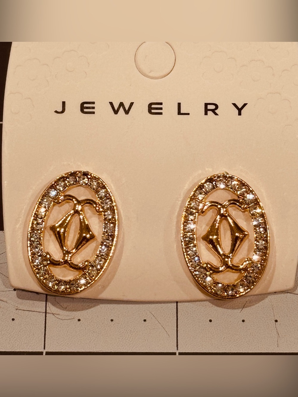 NWT Chloe Accessories Crystal-Trim Oval Monogram Stud Earrings 1 inch Gold Tone